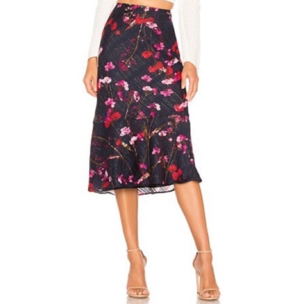 House Of Harlow 1960 x Revolve Portia Midi Skirt in Floral Navy Flounce Hem XS